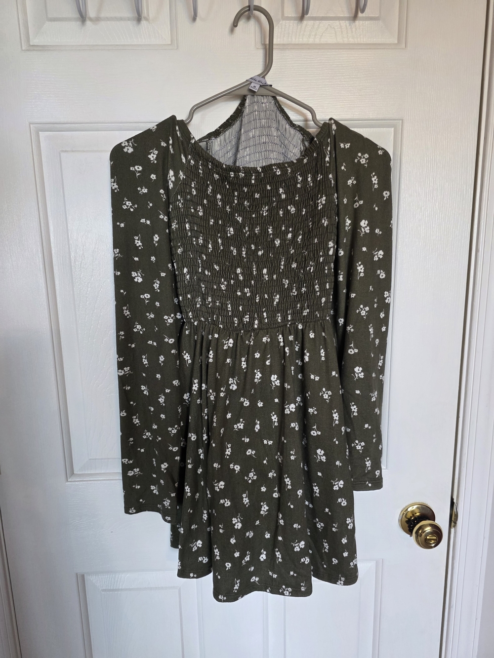Girls' Olive Green Floral Long-Sleeve Dress